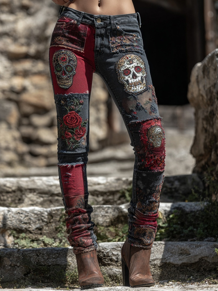 Retro Floral Print Jeans High Waist Slim Imitation Jeans Elegant Casual Trousers